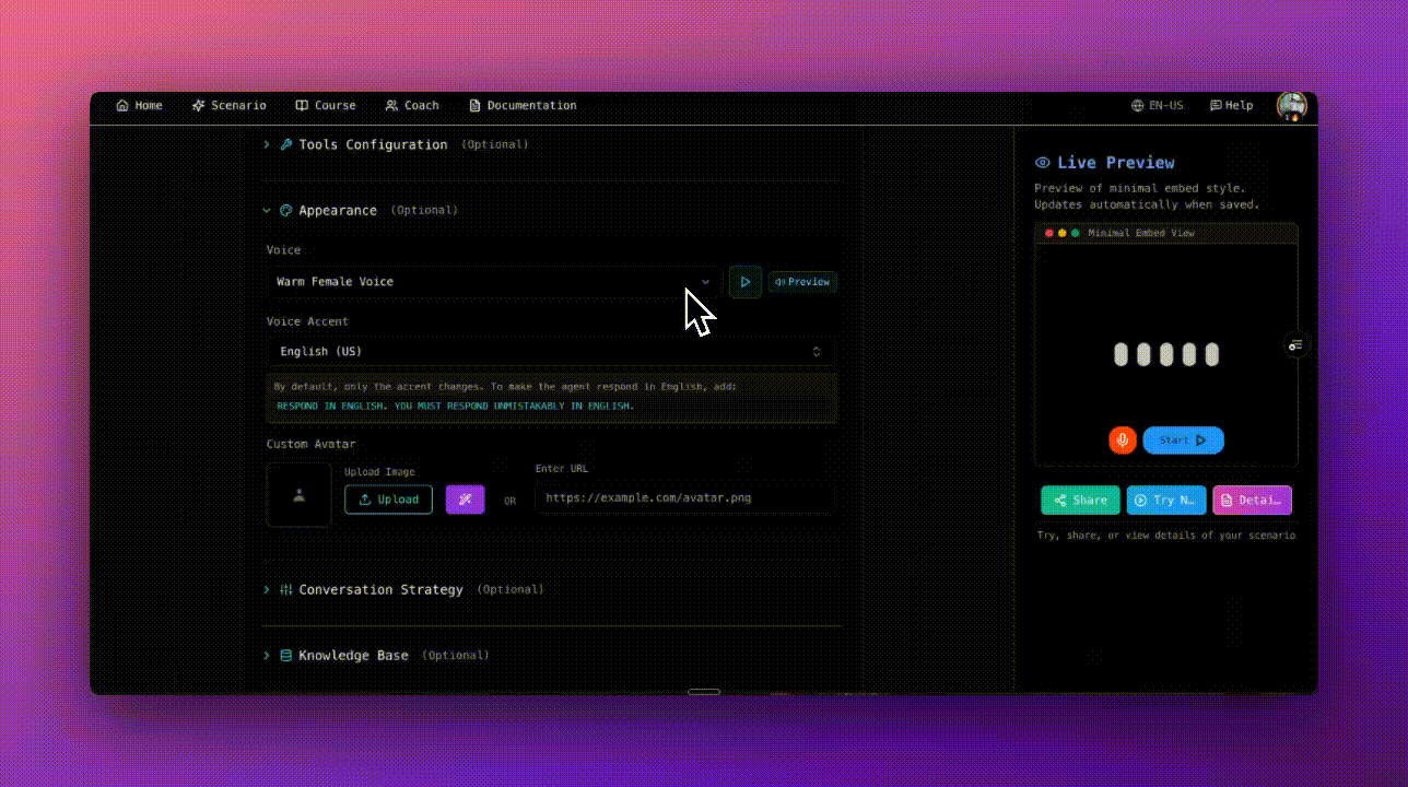 Magic avatar generation demonstration showing scenario description, voice, and context
